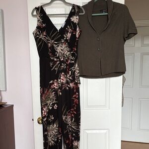 Dex Black, Green and Rust Jumpsuit with coordinated Green Cotton Cardigan
